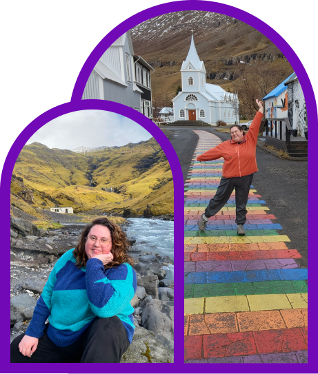 Two images of Dani in Iceland: one of her sitting in front of a scenic valley in and one of her standing in front of a rainbow painted road and light blue church